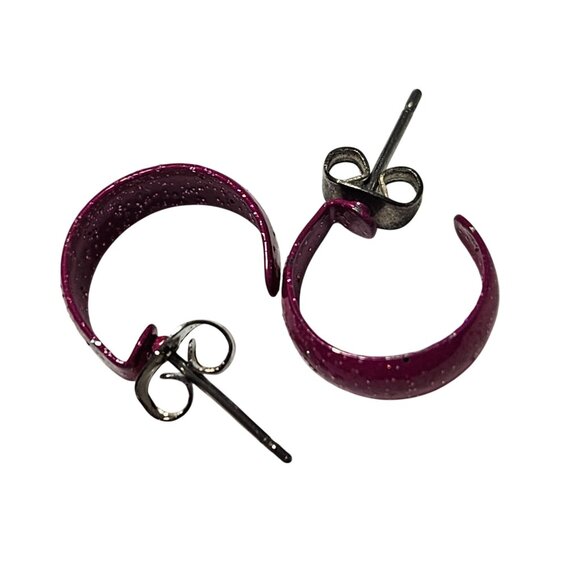 Retro 80s 90s Pink Glitter C-Shaped Hoop Earrings Statement Fashion Jewelry - Picture 3 of 4
